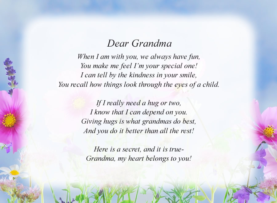 Dear Grandma poem with the Flowers and Sky background
