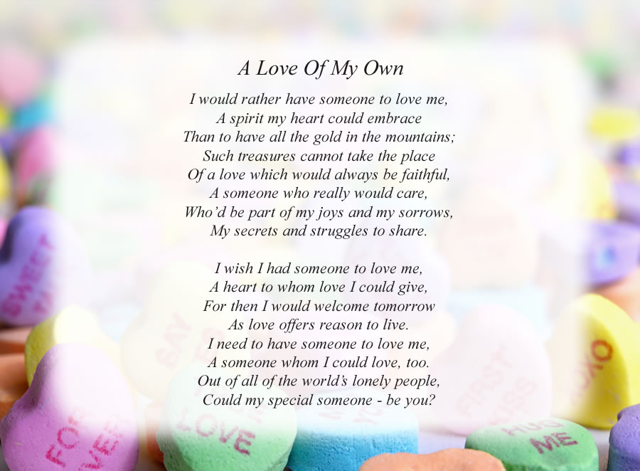 A Love Of My Own poem with the Candy Hearts background
