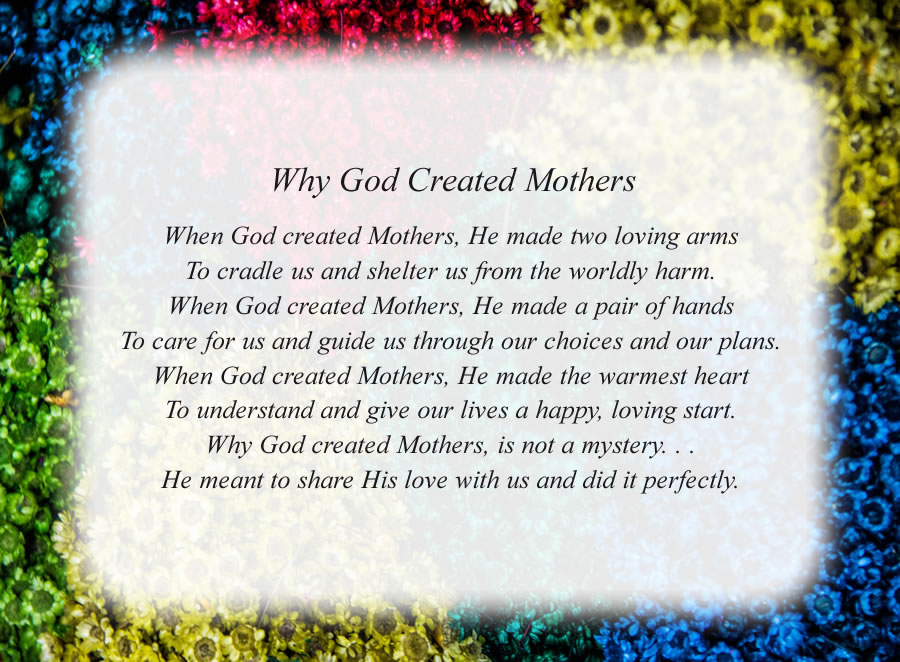 Why God Created Mothers poem with the Colorful Flowers background