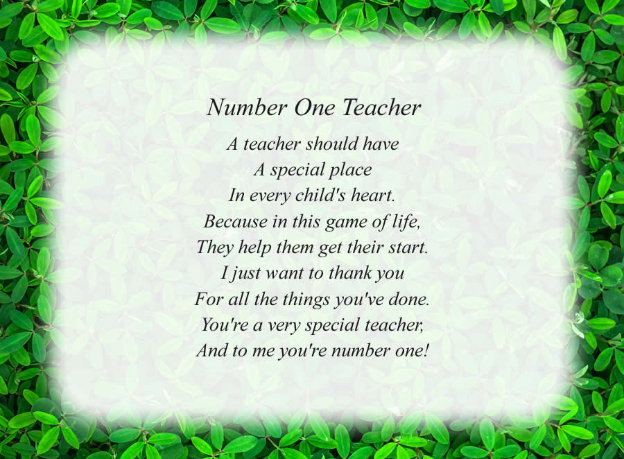 Number One Teacher poem with the Green Leaves background