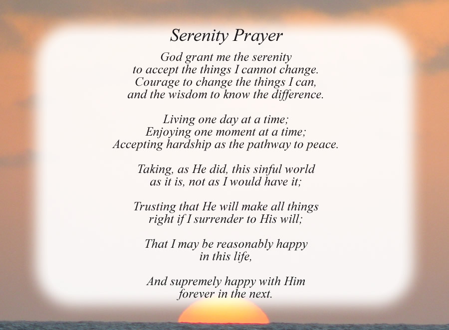 Serenity Prayer poem with the Sunset background