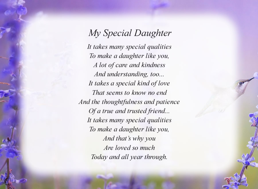 My Special Daughter poem with the Hummingbird background