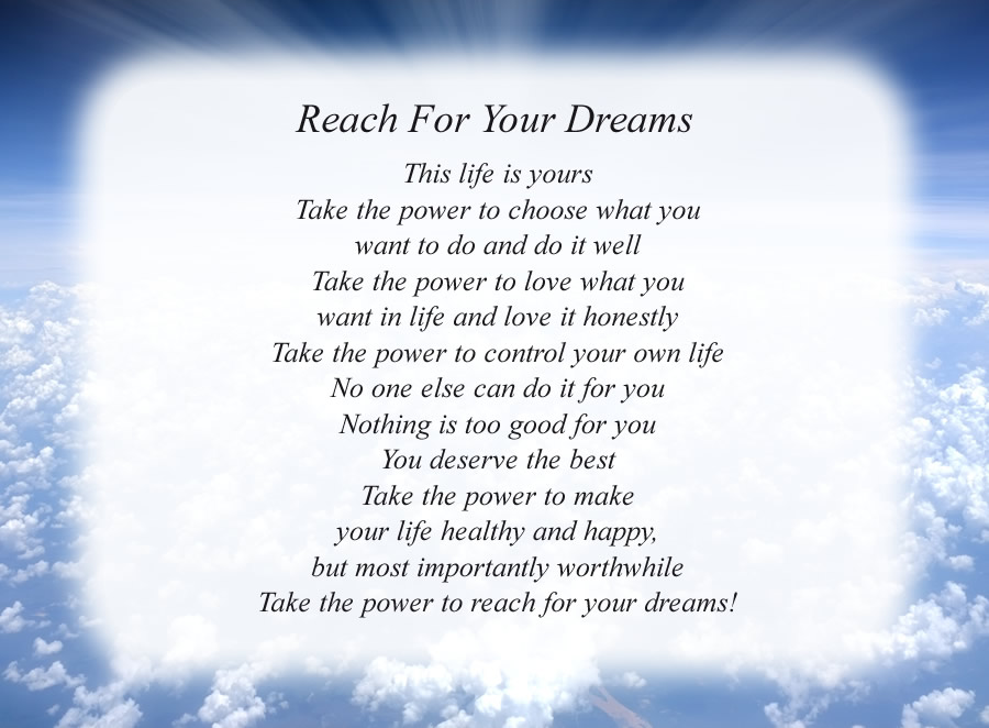 Reach For Your Dreams poem with the Clouds and Rays background.