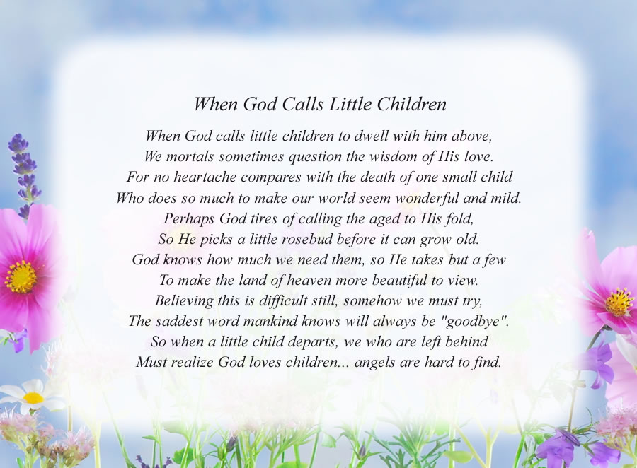 When God Calls Little Children poem with the Flowers and Sky background