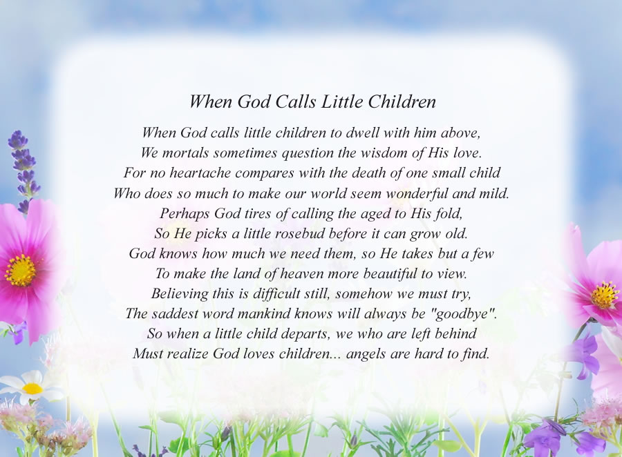 When God Calls Little Children poem with the Flowers and Sky background