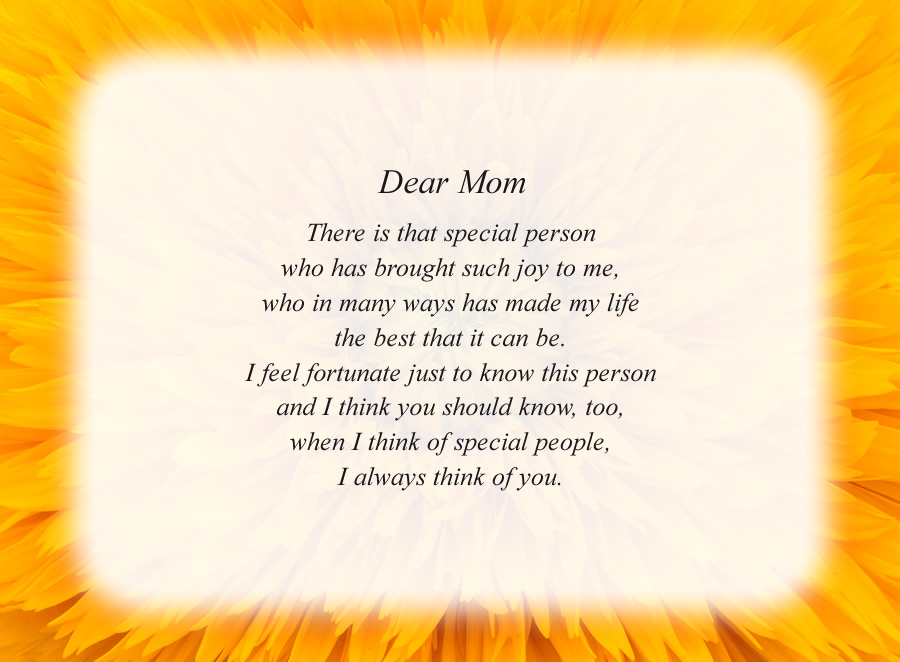 Dear Mom poem with the Yellow Flower background