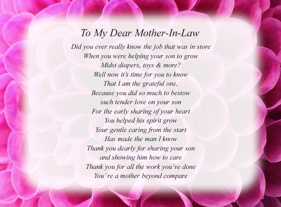 To My Dear Mother-In-Law poem with the Pink Flower background