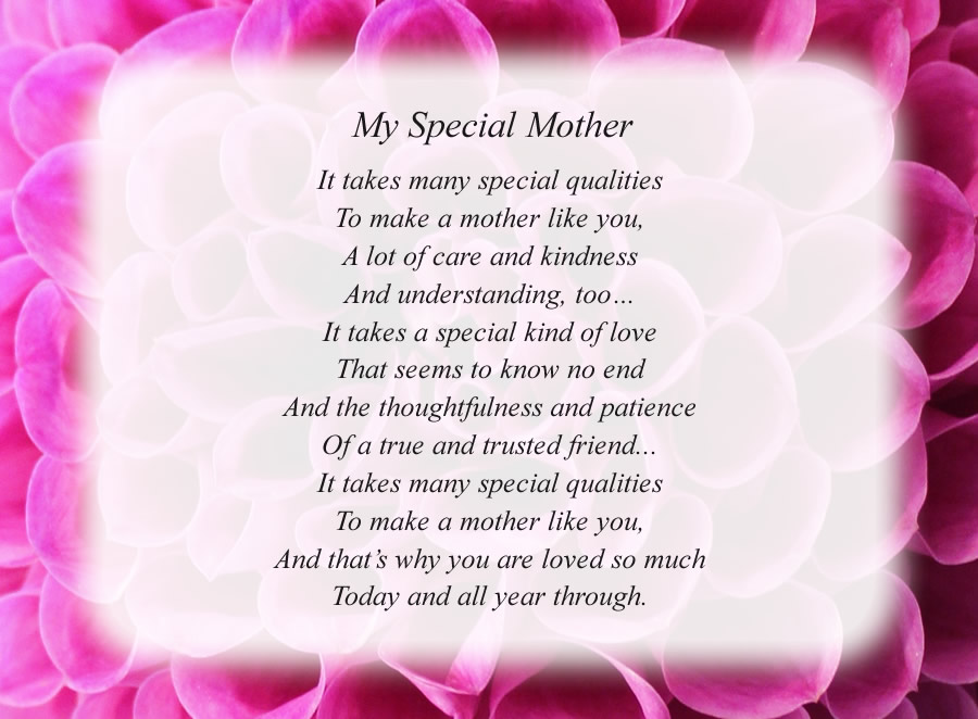 My Special Mother poem with the Pink Flower background