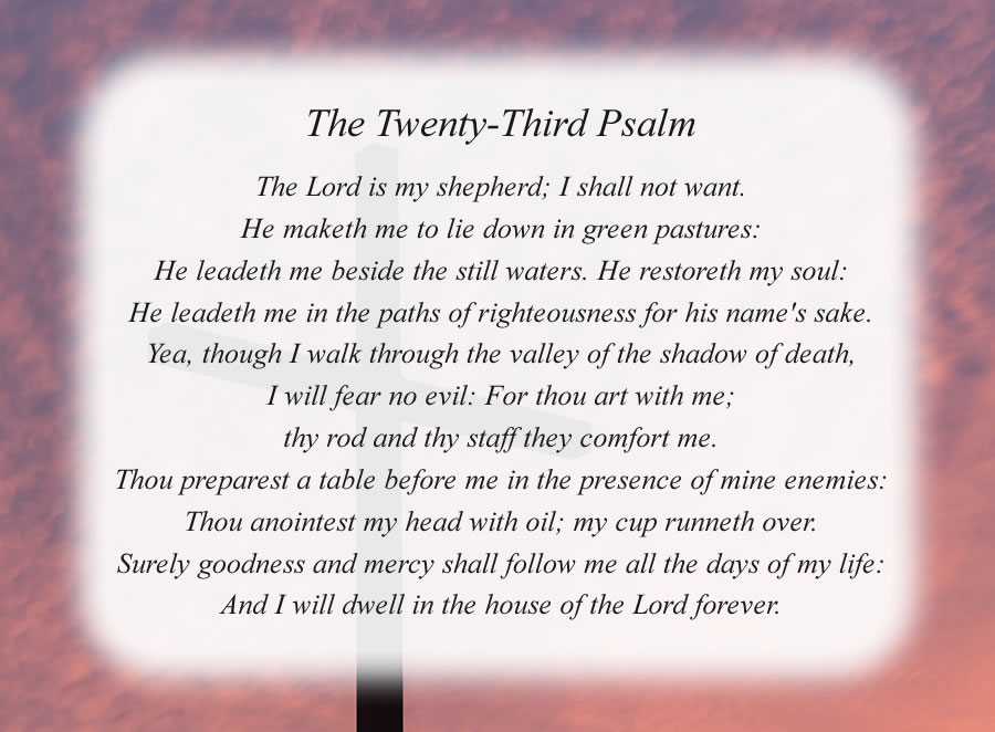 The Twenty-Third Psalm poem with the Cross and Red Sky background