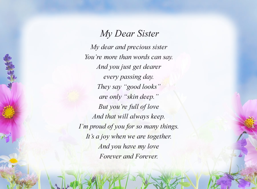 My Dear Sister poem with the Flowers and Sky background